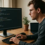 Programozó LISP kódot ír számítógépén, funkcionális programozás kontextusában.