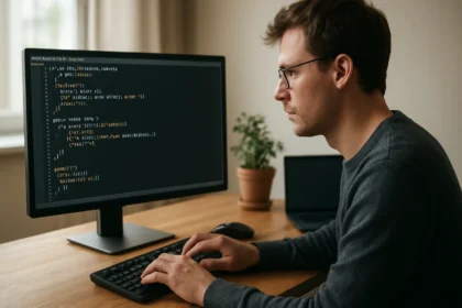 Programozó LISP kódot ír számítógépén, funkcionális programozás kontextusában.