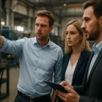 Felnőttek gyári környezetben, problémákat elemeznek.