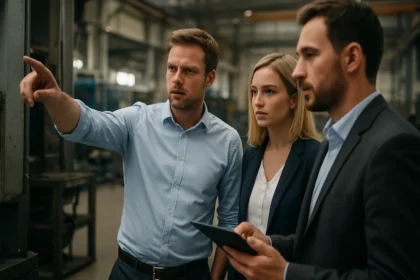 Felnőttek gyári környezetben, problémákat elemeznek.