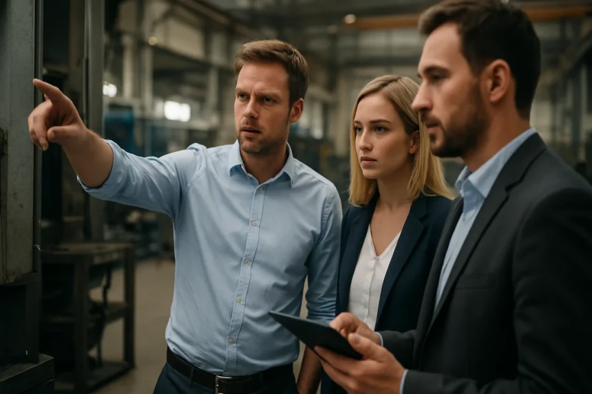 Felnőttek gyári környezetben, problémákat elemeznek.