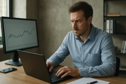 Férfi adatkezelés közben a számítógép előtt