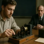 Fiatal férfi távírót használ, Morse-kódot küld kommunikációs célokra.