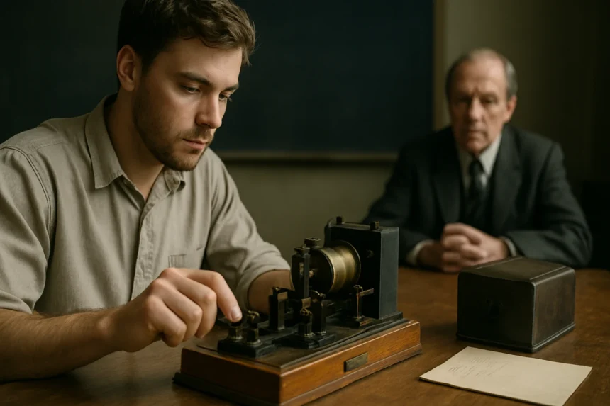 Fiatal férfi távírót használ, Morse-kódot küld kommunikációs célokra.