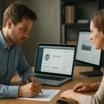 Két ember dolgozik egy tartalomkezelő rendszeren weboldal fejlesztés közben.