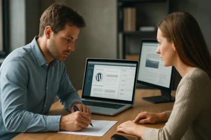 Két ember dolgozik egy tartalomkezelő rendszeren weboldal fejlesztés közben.