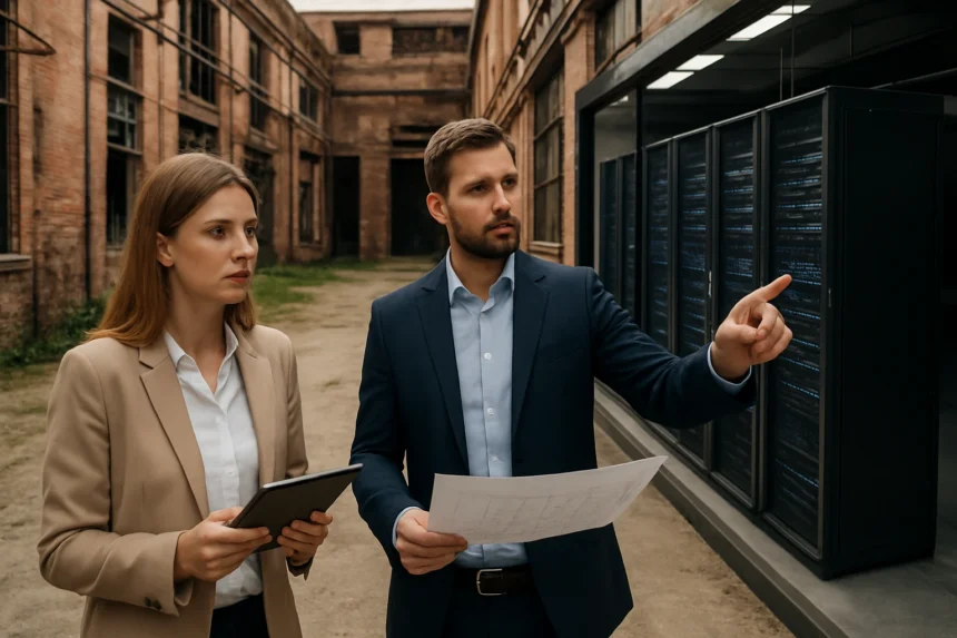 Két szakember IT infrastruktúra modernizálásról beszélget egy brownfield helyszínen.