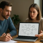 Két ember beszélget egy laptop előtt, amelyen szemantikus háló látható.