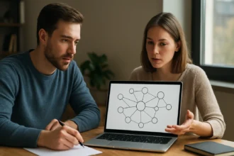 Két ember beszélget egy laptop előtt, amelyen szemantikus háló látható.