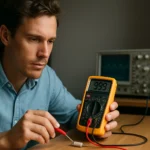 Férfi méréseket végez elektromos ellenállás vizsgáló műszerrel.