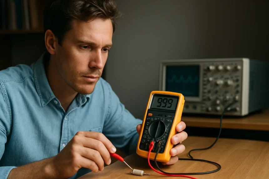 Férfi méréseket végez elektromos ellenállás vizsgáló műszerrel.