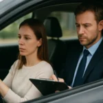 Két személy ül egy autóban, az egyik vezet, a másik jegyzetel.