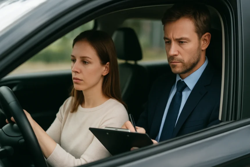 Két személy ül egy autóban, az egyik vezet, a másik jegyzetel.