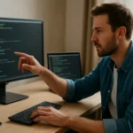 Programozó jelölőnyelvet használó férfi a számítógép előtt.