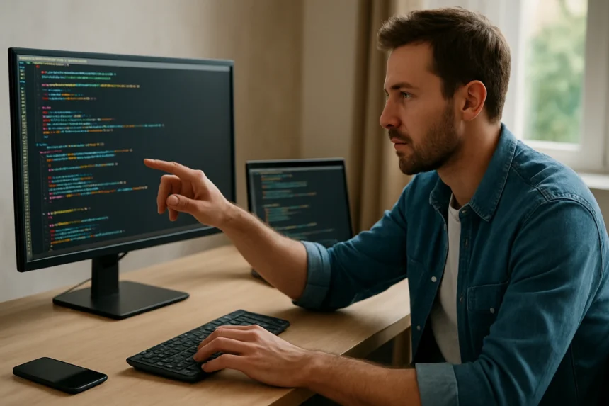 Programozó jelölőnyelvet használó férfi a számítógép előtt.