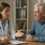 Orvos és beteg konzultáció a Medicare és MACRA témájában.