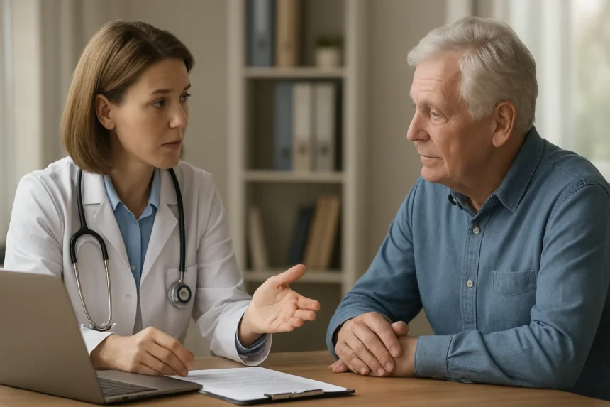 Orvos és beteg konzultáció a Medicare és MACRA témájában.