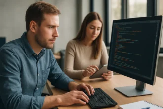 Fiatal szakemberek készségalapú tanulás közben, programozás