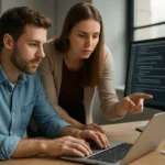 Két programozó reguláris kifejezéseket tanulmányoz a számítógépen.