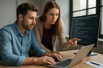 Két programozó reguláris kifejezéseket tanulmányoz a számítógépen.