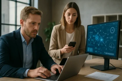 Két szakember dolgozik telematikai alkalmazáson számítógépen és telefonon.