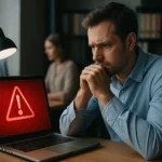 Férfi, aki aggodalmaskodik egy számítógép előtt, figyelve a biztonsági figyelmeztetést.