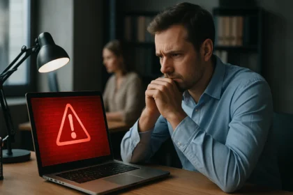 Férfi, aki aggodalmaskodik egy számítógép előtt, figyelve a biztonsági figyelmeztetést.
