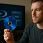 Férfi Blu-ray lemezt tart a kezében egy tévé előtt