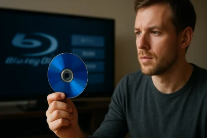 Férfi Blu-ray lemezt tart a kezében egy tévé előtt