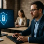Kiberbiztonsági szakember számítógépnél dolgozik, védelem szimbólum a képernyőn.