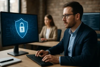 Kiberbiztonsági szakember számítógépnél dolgozik, védelem szimbólum a képernyőn.