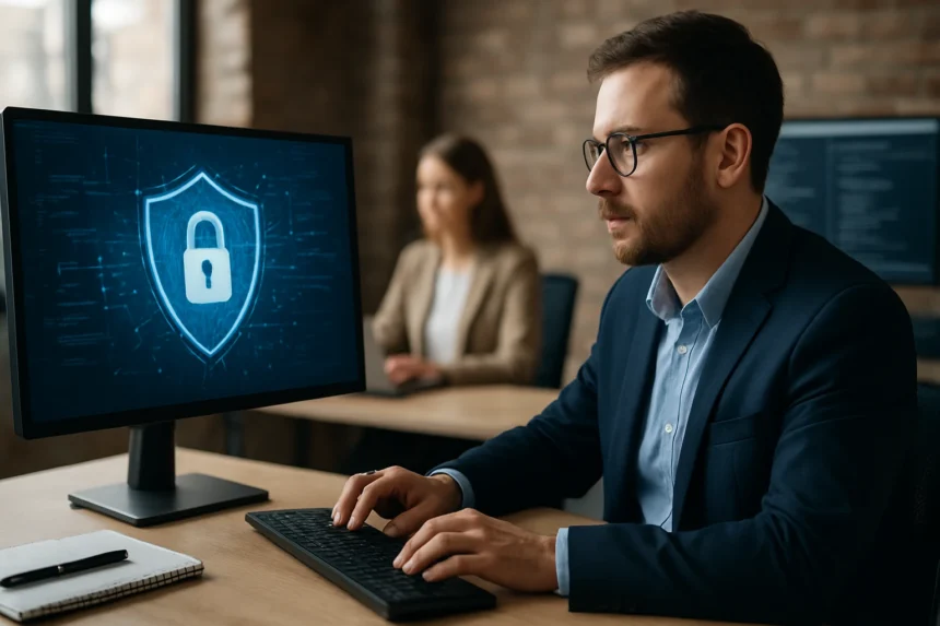 Kiberbiztonsági szakember számítógépnél dolgozik, védelem szimbólum a képernyőn.
