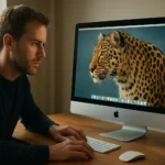 Férfi Mac számítógépen, leopard képernyő háttérrel