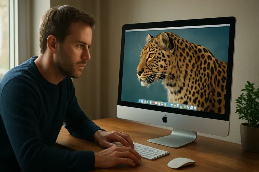 Férfi Mac számítógépen, leopard képernyő háttérrel