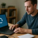 Férfi laptop előtt, tiszta telepítést végez a képernyőn frissítési ikonnal.