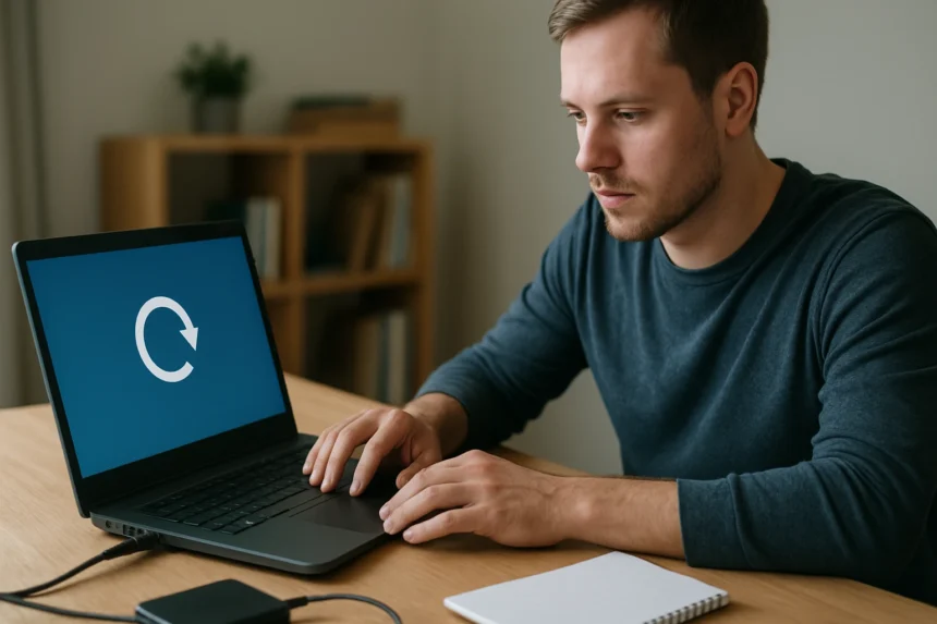 Férfi laptop előtt, tiszta telepítést végez a képernyőn frissítési ikonnal.