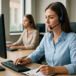 Ügynök a kontaktközpontban, munka közben, headsettel és számítógéppel.