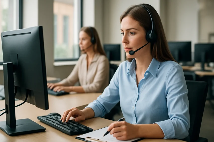 Ügynök a kontaktközpontban, munka közben, headsettel és számítógéppel.