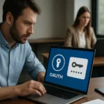OAuth funkciók megjelenítése laptop képernyőn, biztonságos autorizáció.