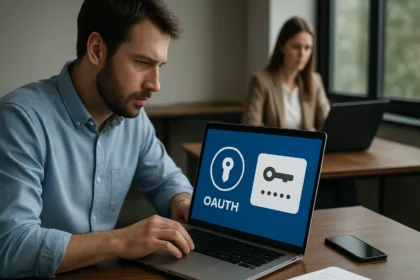 OAuth funkciók megjelenítése laptop képernyőn, biztonságos autorizáció.