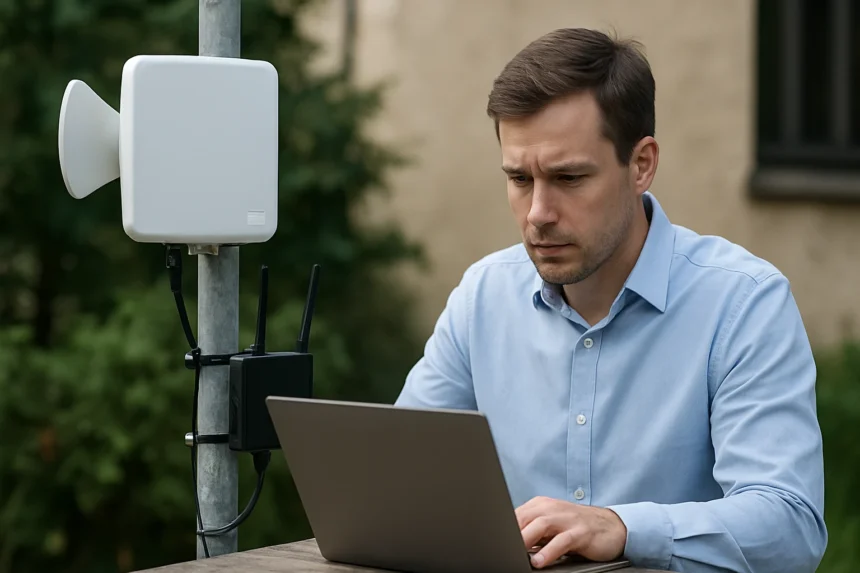 Férfi laptopon dolgozik, mellett egy vezeték nélküli elosztórendszer.