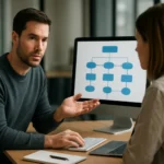 Férfi adatmodellezésről beszél nőnek számítógép előtt.