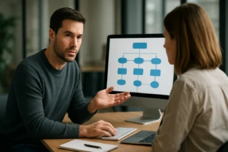 Férfi adatmodellezésről beszél nőnek számítógép előtt.