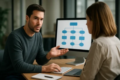 Férfi adatmodellezésről beszél nőnek számítógép előtt.