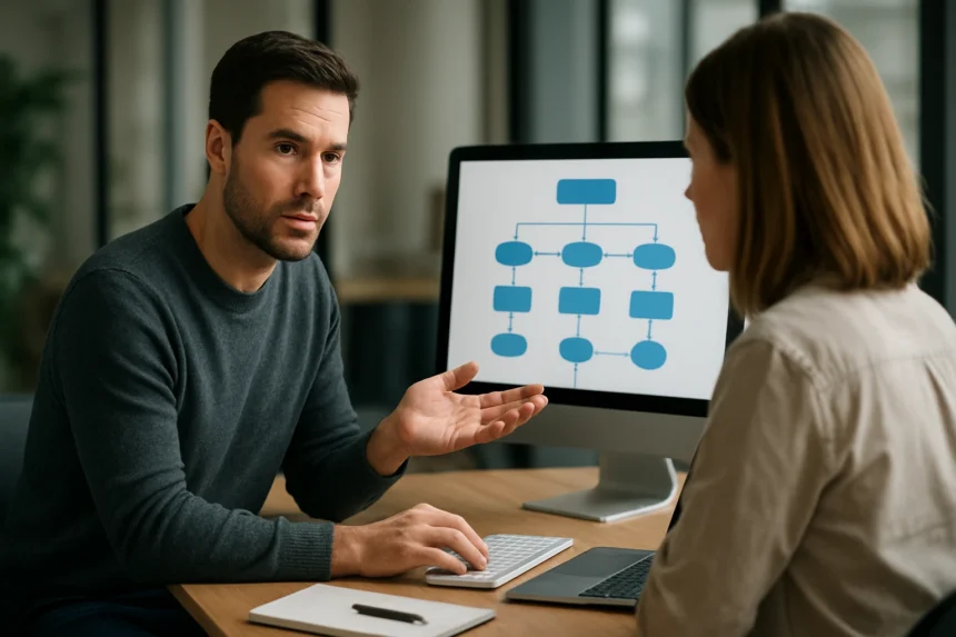Férfi adatmodellezésről beszél nőnek számítógép előtt.