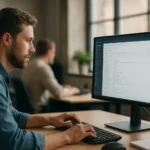 Fejlesztő MongoDB adatbázissal dolgozik egy modern irodában.