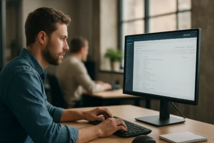 Fejlesztő MongoDB adatbázissal dolgozik egy modern irodában.