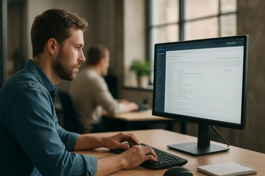 Fejlesztő MongoDB adatbázissal dolgozik egy modern irodában.