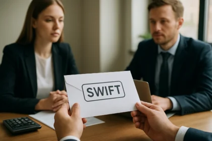 SWIFT üzenetet tartó kéz banki tranzakció során.