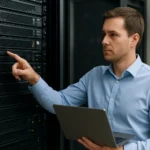 Férfi egy rack egységet ellenőriz egy szerverteremben.